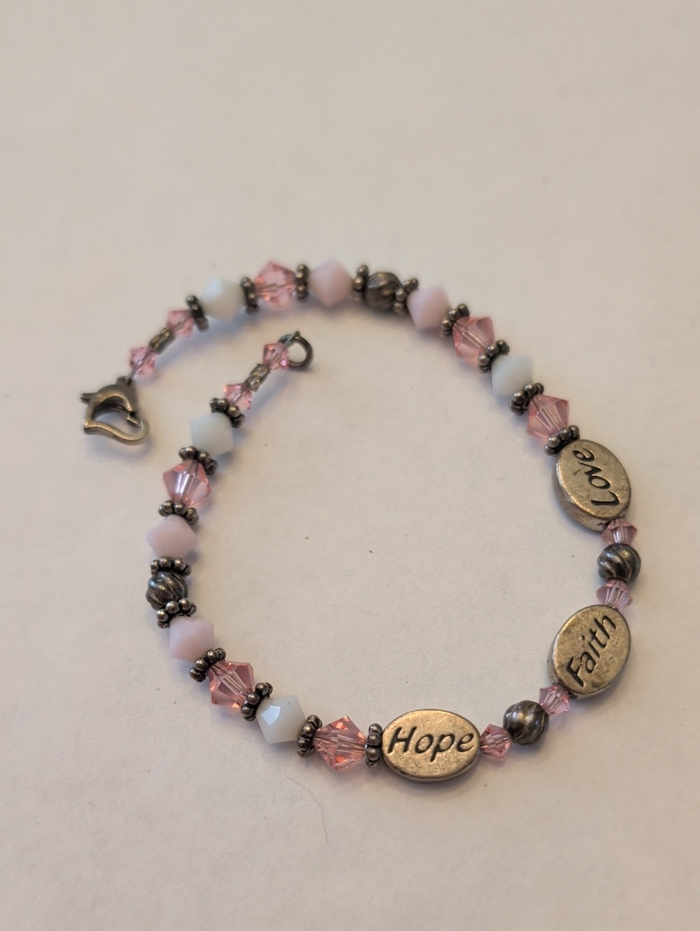 Sterling Silver Hope Faith Love Pink Beaded Bracelet
